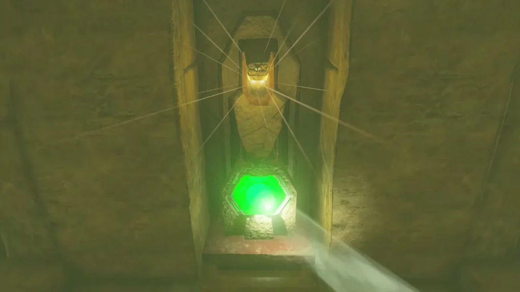 Light beam running along a corridor onto a green hexagon Light beam running along a corridor onto a green hexagon