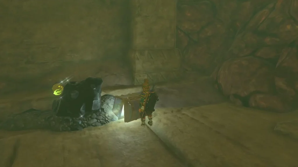 Open chest glowing beside a boulder and a lit lantern Open chest glowing beside a boulder and a lit lantern