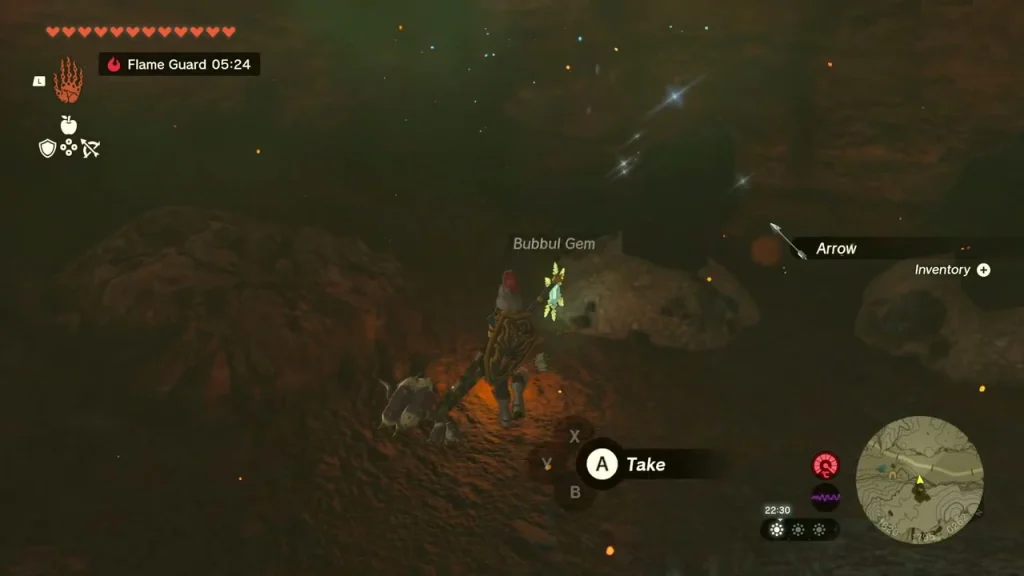 Bubbul Gem on the ground with a Take prompt beside embers Bubbul Gem on the ground with a Take prompt beside embers