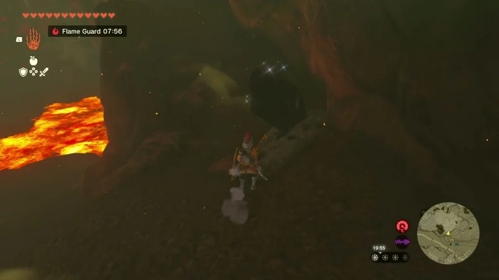 Lava flowing across the dark cave beside a ledge Lava flowing across the dark cave beside a ledge