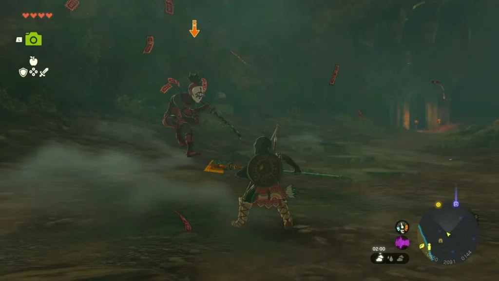 Yiga Blademaster leaping at you in the dim main room of the hideout Yiga Blademaster leaping at you in the dim main room of the hideout