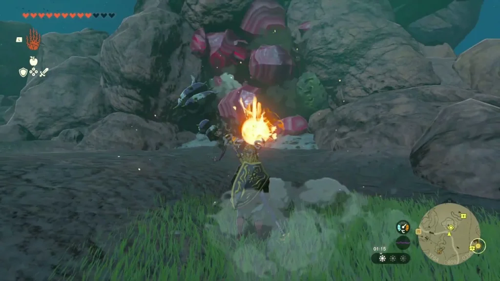 Rubble-choked cave mouth in the rocky cliff being smashed open Rubble-choked cave mouth in the rocky cliff being smashed open