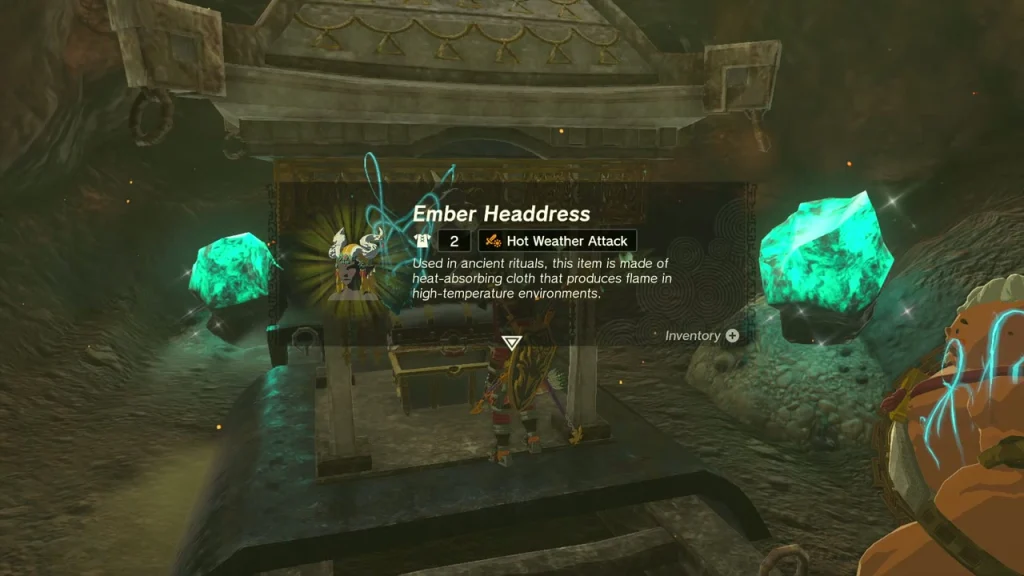 Ember Headdress item box over the chest in the crystal-lit alcove Ember Headdress item box over the chest in the crystal-lit alcove