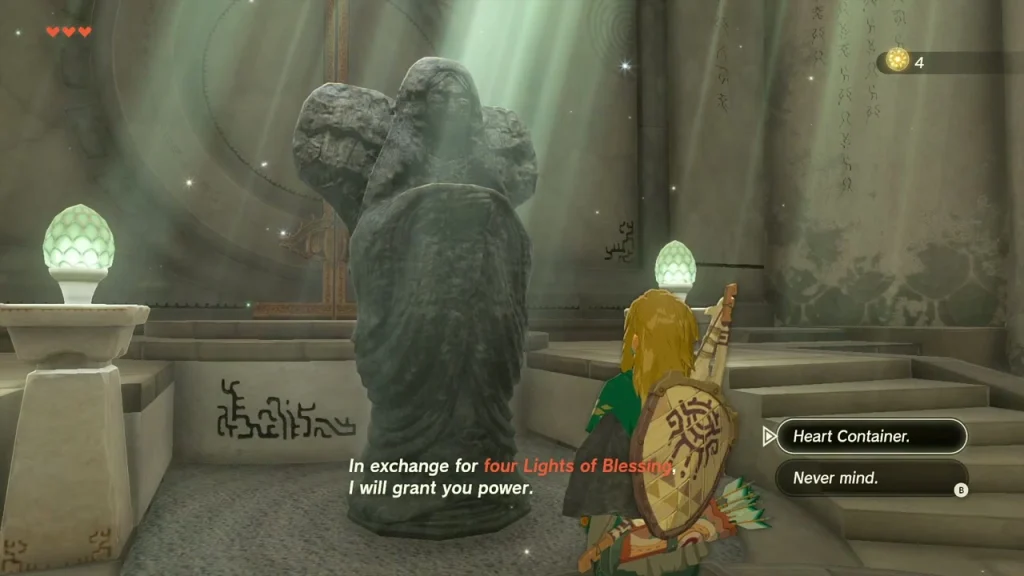 Goddess Statue beside a lit pedestal with the choice to trade four Lights of Blessing for a Heart Container Goddess Statue beside a lit pedestal with the choice to trade four Lights of Blessing for a Heart Container