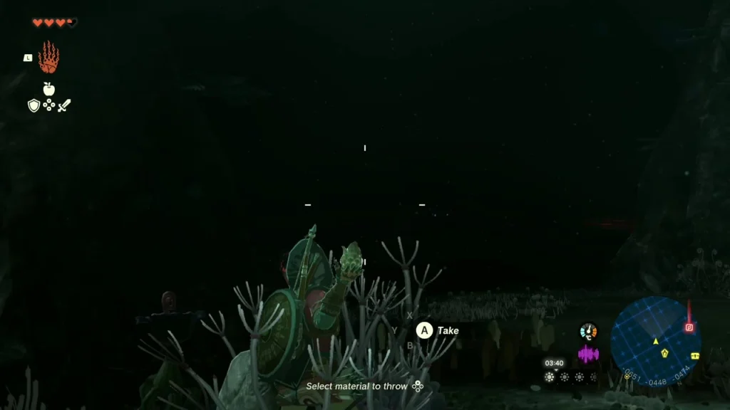 Throwing a Brightbloom Seed into the dark Depths with the Select material prompt on screen Throwing a Brightbloom Seed into the dark Depths with the Select material prompt on screen