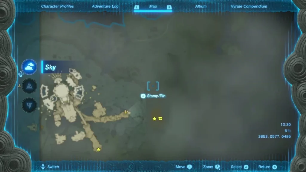Sky view of the map with the fish-shaped island marked east of Mipha Court Sky view of the map with the fish-shaped island marked east of Mipha Court