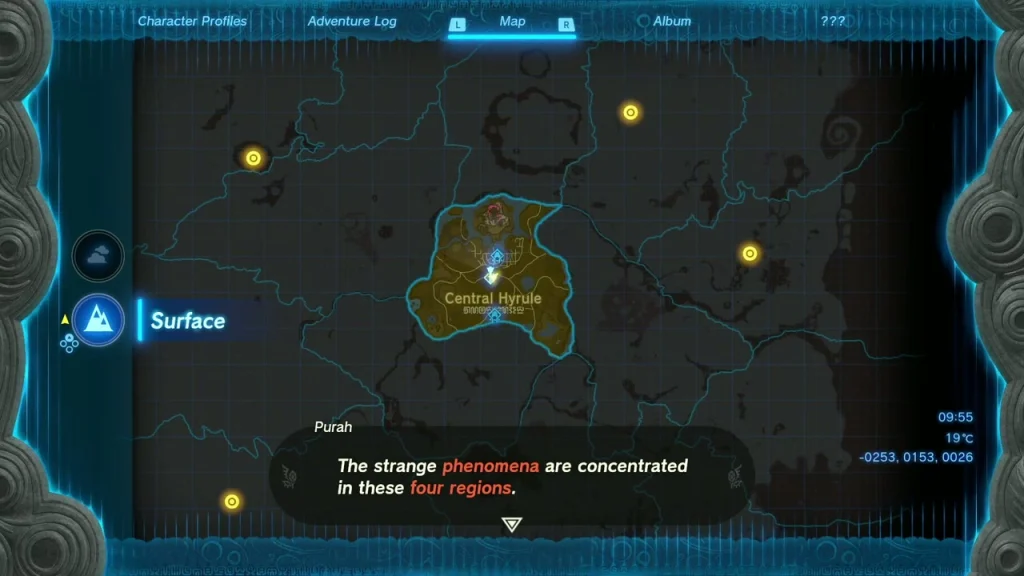 Hyrule map with marker dots around Central Hyrule at the four regions Purah names Hyrule map with marker dots around Central Hyrule at the four regions Purah names