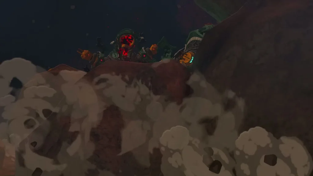 Smoke and debris bursting over a large monster on a rocky ledge Smoke and debris bursting over a large monster on a rocky ledge