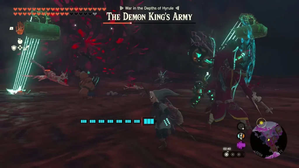 Mixed monsters in a red-lit arena with cyan sage lasers firing overhead Mixed monsters in a red-lit arena with cyan sage lasers firing overhead
