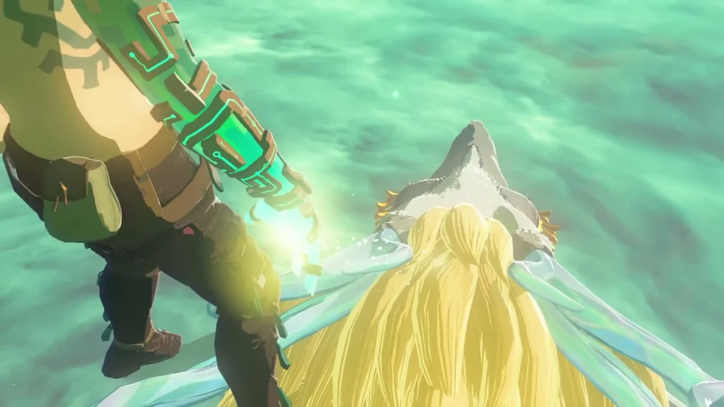 Zelda falling through the sky with hair streaming up toward the camera Zelda falling through the sky with hair streaming up toward the camera