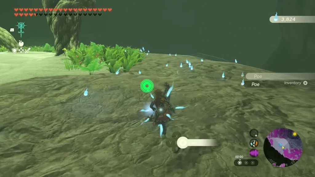 Glowing green plants in the open Depths cavern with a marker ahead Glowing green plants in the open Depths cavern with a marker ahead