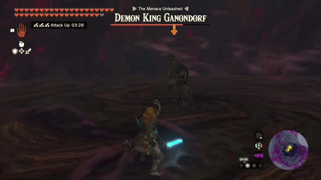 Ganondorf with a weapon raised across the arena with the boss bar above Ganondorf with a weapon raised across the arena with the boss bar above