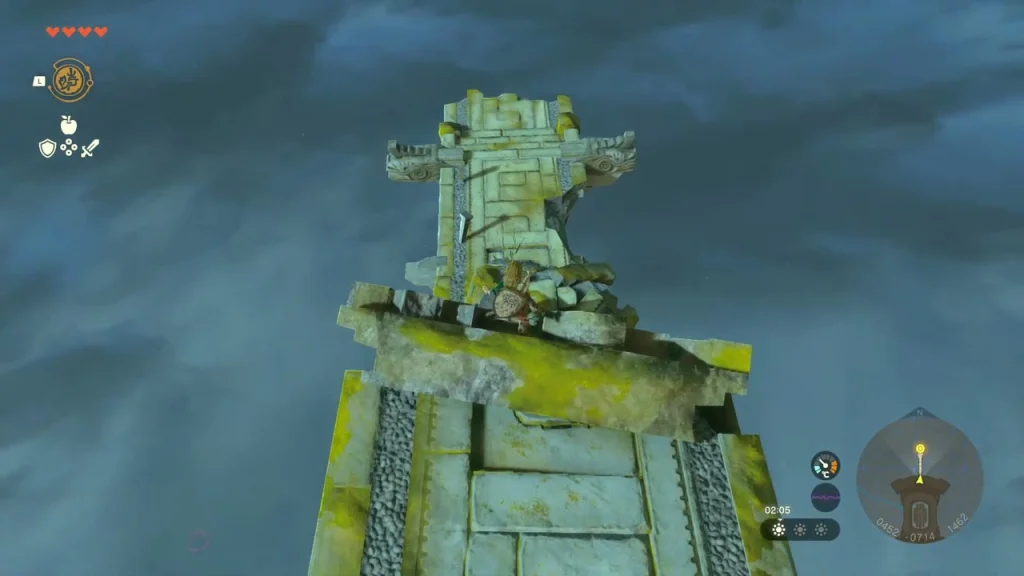 Broken stone tower rising into a stormy sky, climbed with Ascend from beneath each platform Broken stone tower rising into a stormy sky, climbed with Ascend from beneath each platform