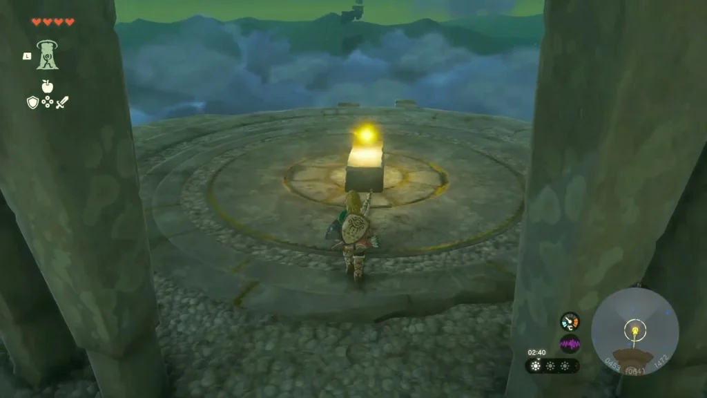 Stone altar between two pillars with a golden light resting on it above the clouds Stone altar between two pillars with a golden light resting on it above the clouds