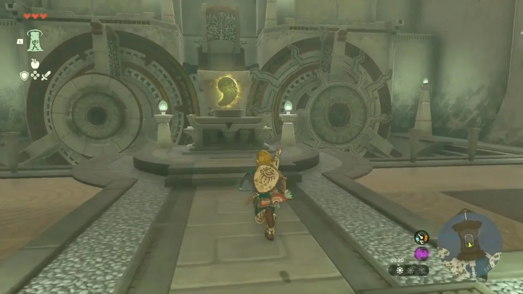 Inner hall of the Temple of Time leading to a glowing altar between two large stone wheels Inner hall of the Temple of Time leading to a glowing altar between two large stone wheels