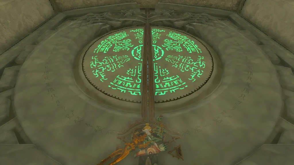 Large circular Zonai glyph door in the floor of the Dragonhead Island ruins Large circular Zonai glyph door in the floor of the Dragonhead Island ruins
