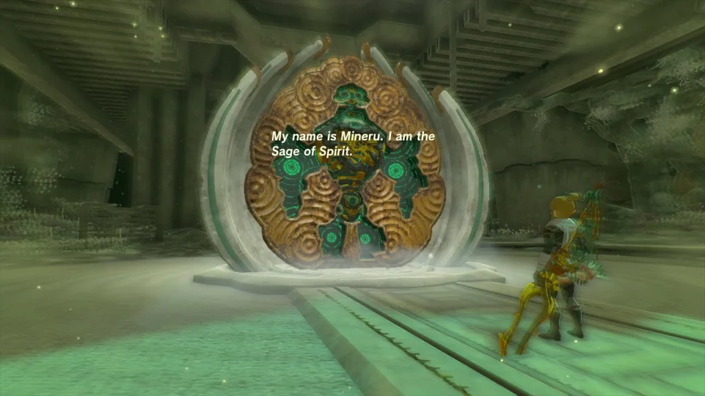 Mineru's spirit appearing before a large circular stone door Mineru's spirit appearing before a large circular stone door