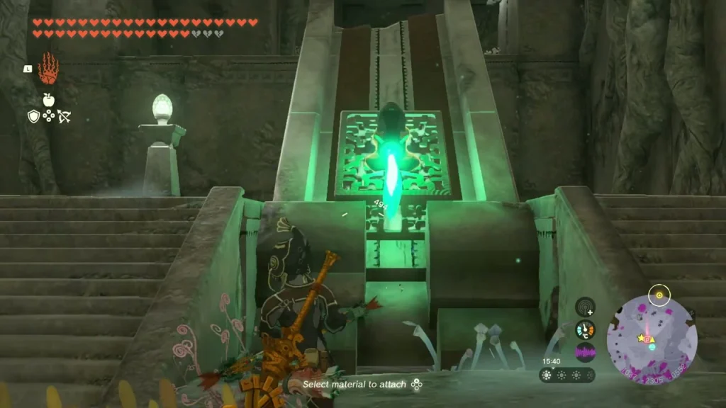 Stone staircase up to the Left-Leg Depot terminal glowing green Stone staircase up to the Left-Leg Depot terminal glowing green