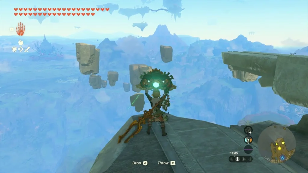Zonai mask lifted at the island edge with the green beam falling toward Faron Zonai mask lifted at the island edge with the green beam falling toward Faron