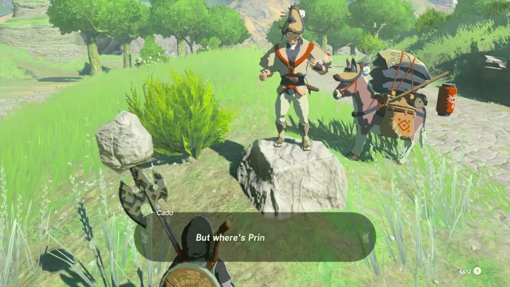 Cado standing on a boulder beside his loaded pack horse on a grassy hillside Cado standing on a boulder beside his loaded pack horse on a grassy hillside