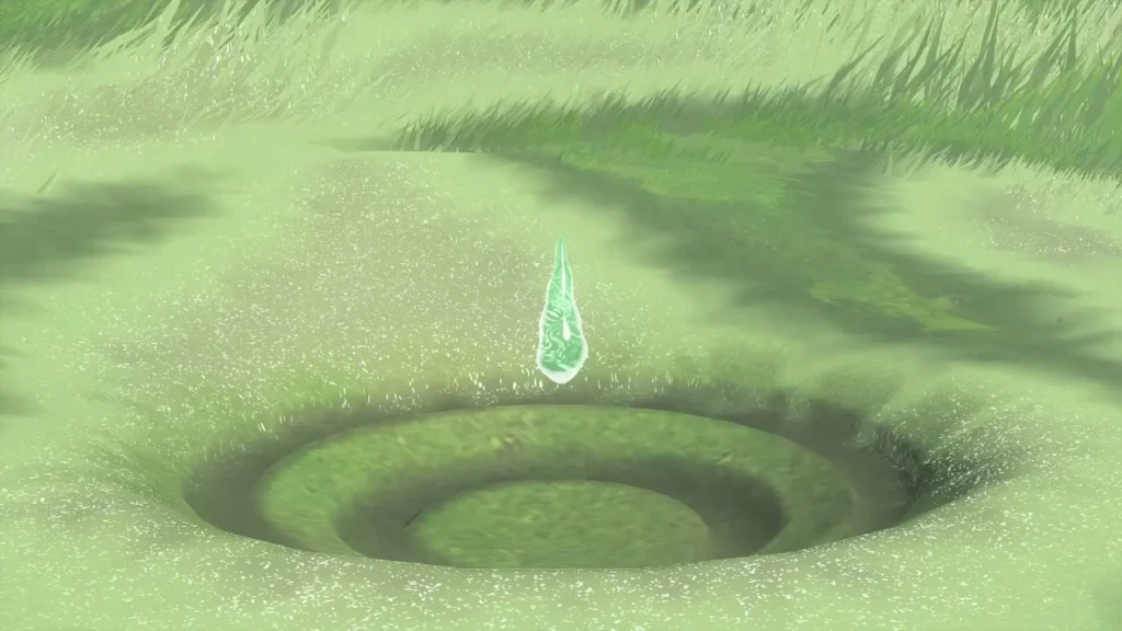 Glowing Dragon's Tear crystal floating above a circular dip in the grass Glowing Dragon's Tear crystal floating above a circular dip in the grass