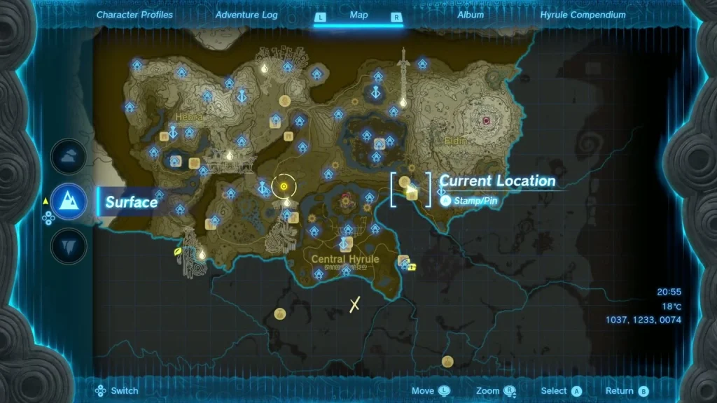 Map showing the Light Dragon's current location marker over Central Hyrule Map showing the Light Dragon's current location marker over Central Hyrule