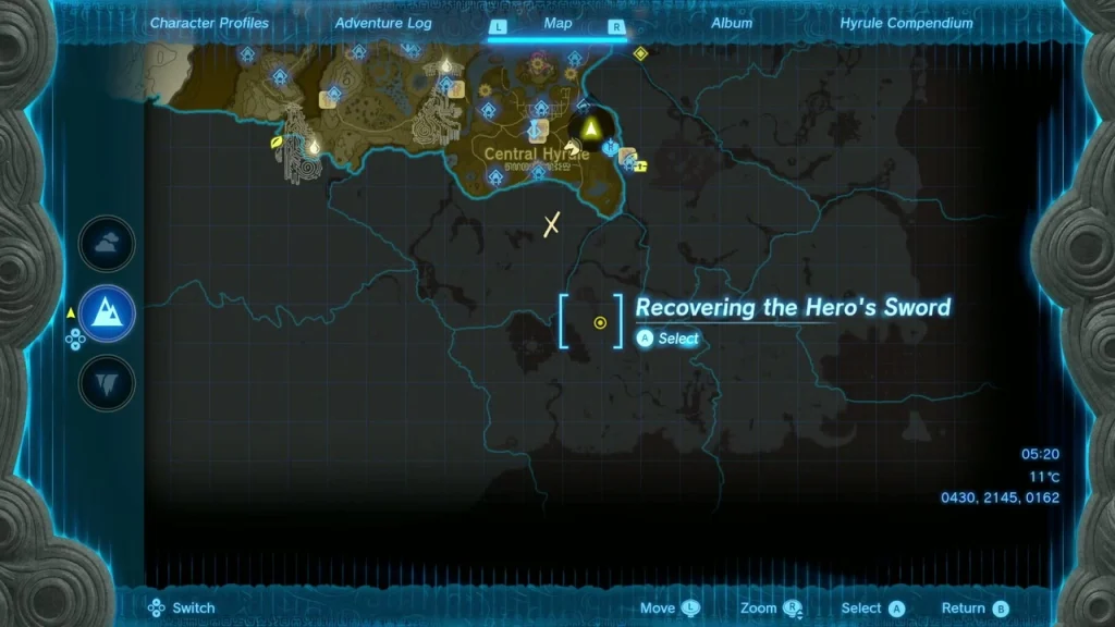 Map marker for Recovering the Hero's Sword in the sky over Hyrule Map marker for Recovering the Hero's Sword in the sky over Hyrule