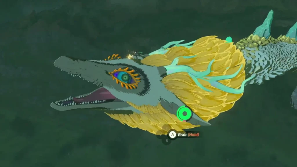 Master Sword hilt glowing in the Light Dragon's head with the grab prompt Master Sword hilt glowing in the Light Dragon's head with the grab prompt