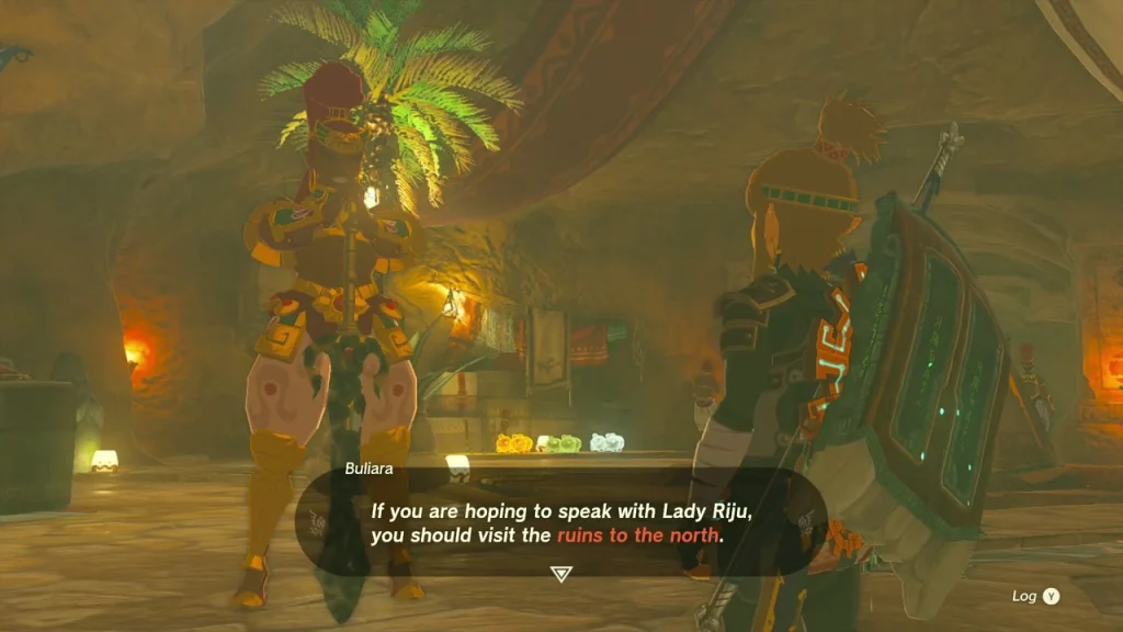 Buliara the Gerudo guard captain in her armor inside a sandy chamber Buliara the Gerudo guard captain in her armor inside a sandy chamber