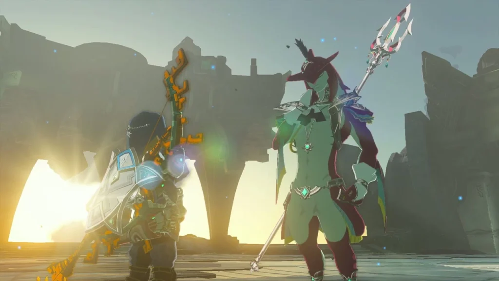 Sidon the Zora prince standing with trident in the sunlit Water Temple Sidon the Zora prince standing with trident in the sunlit Water Temple