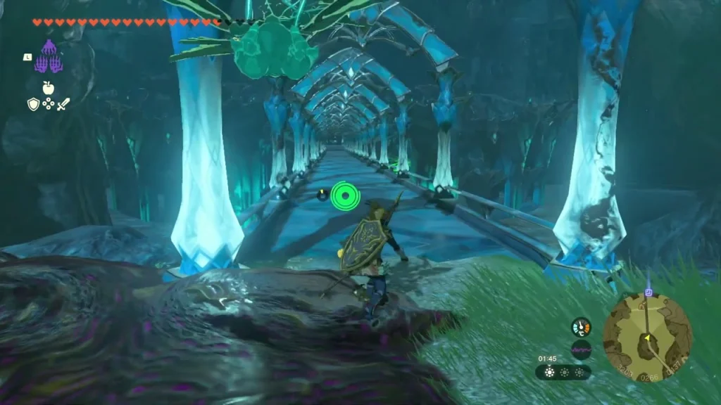 Zora's Domain entry bridge between glowing blue crystal pillars Zora's Domain entry bridge between glowing blue crystal pillars