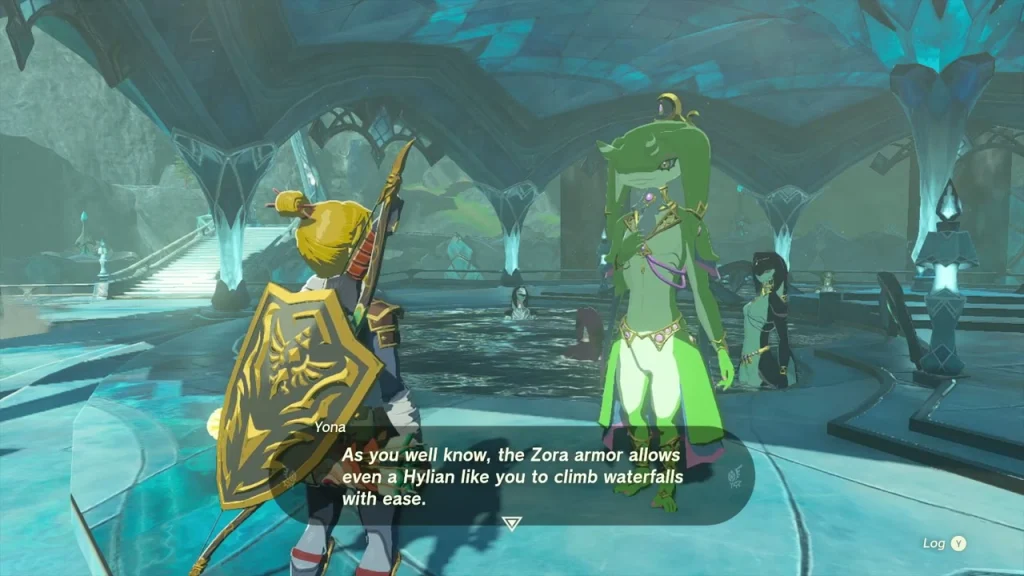 Yona beside the pool after repairing the Zora Armor Yona beside the pool after repairing the Zora Armor