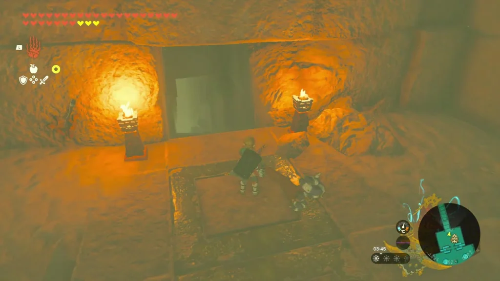 Torch-lit stone room inside the Lightning Temple Torch-lit stone room inside the Lightning Temple