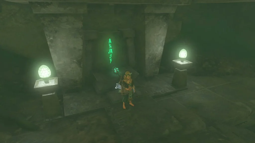 Altar room with a green glowing rune beside the altar between two lamps