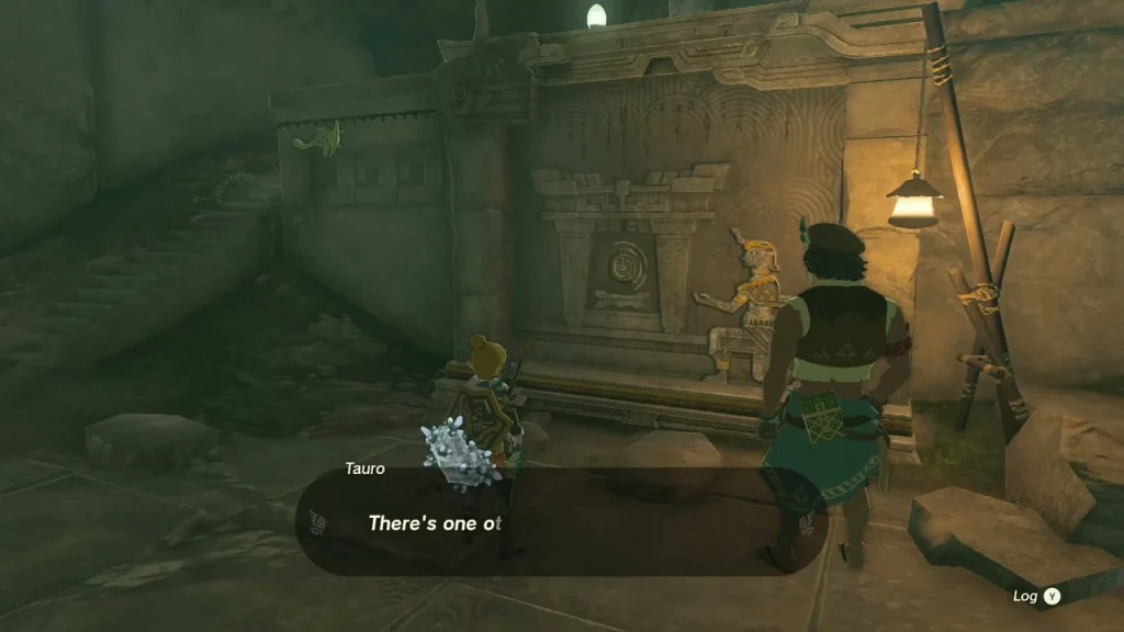 Dark back room of the ruins with a stone chest between two glowing lamps