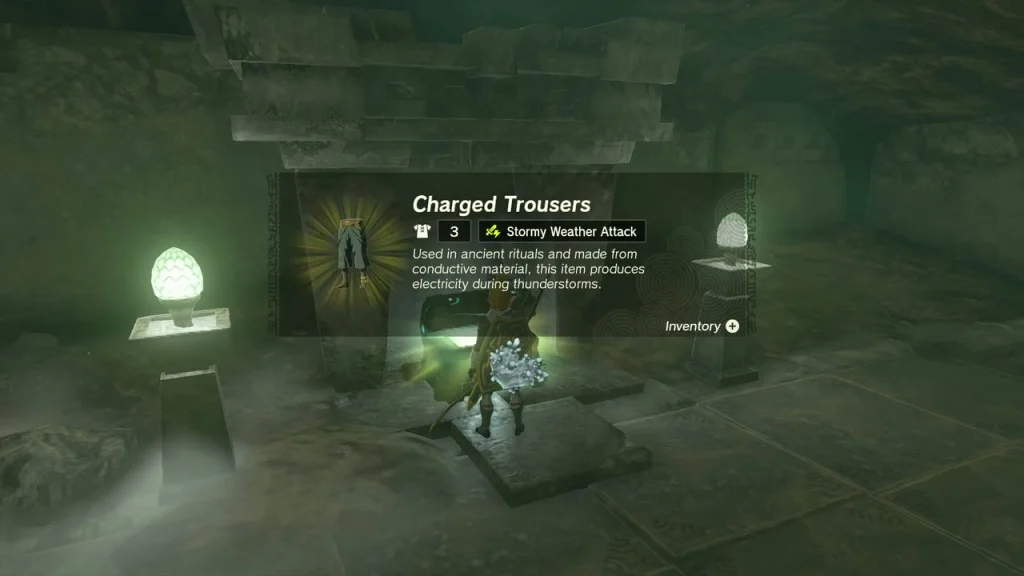Charged Trousers item box held up above the open chest