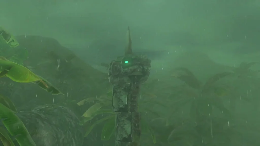 Dragon pillar with a lightning rod rising from the jungle in the rain
