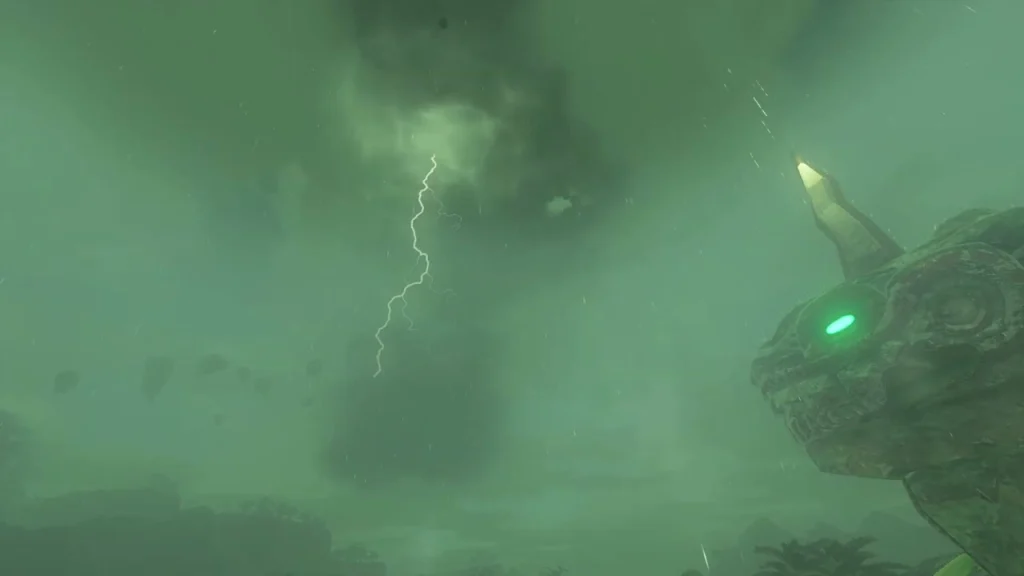 Lightning striking down at the dragon pillar above the jungle