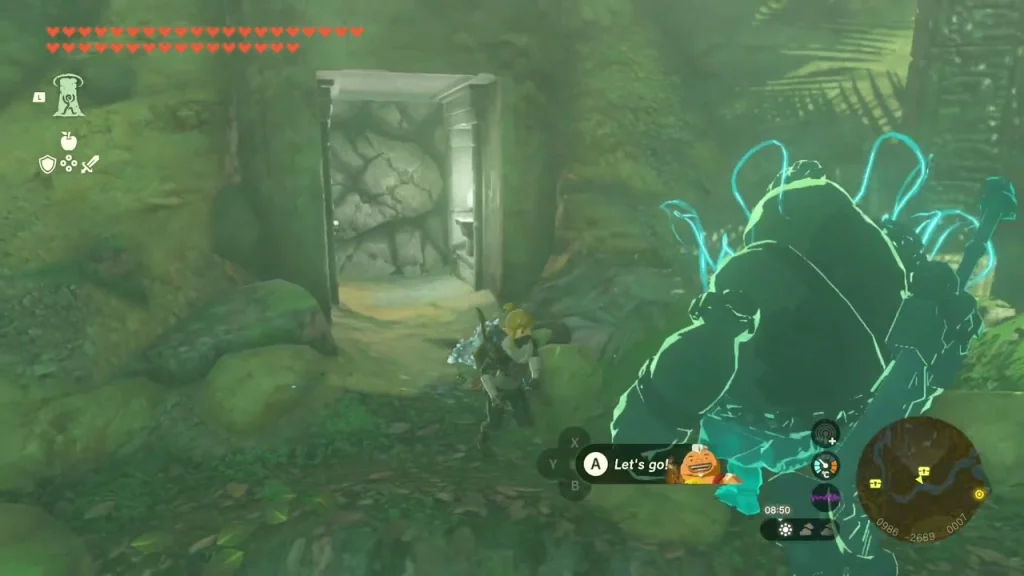 Stone doorway into the cave beside a glowing rock creature on the riverbank