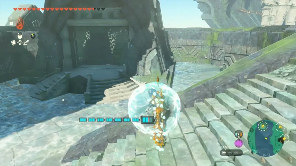 Bubble carrying the ball up the stone steps beside the pool