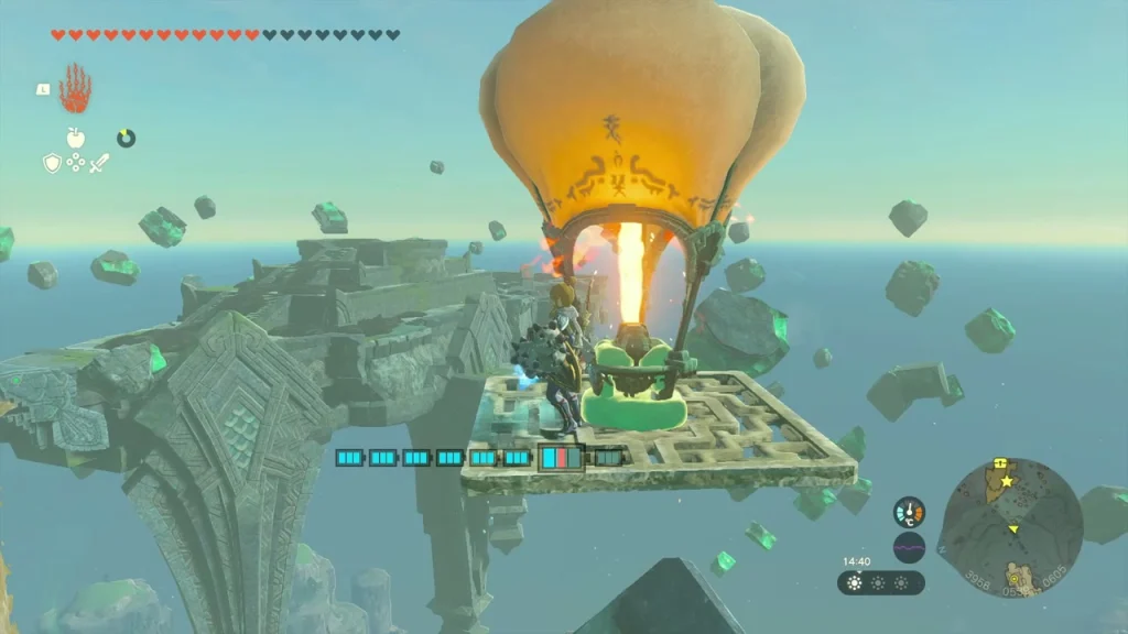 Hot-air balloon rising beside the floating fish-shaped sky island