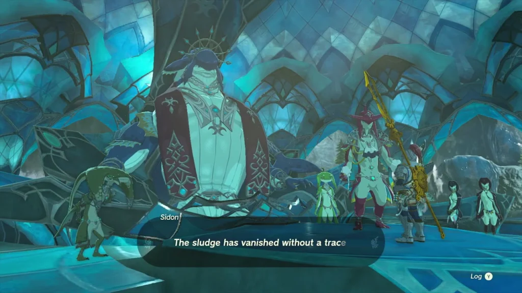 Sidon and King Dorephan in the throne room of Zora's Domain