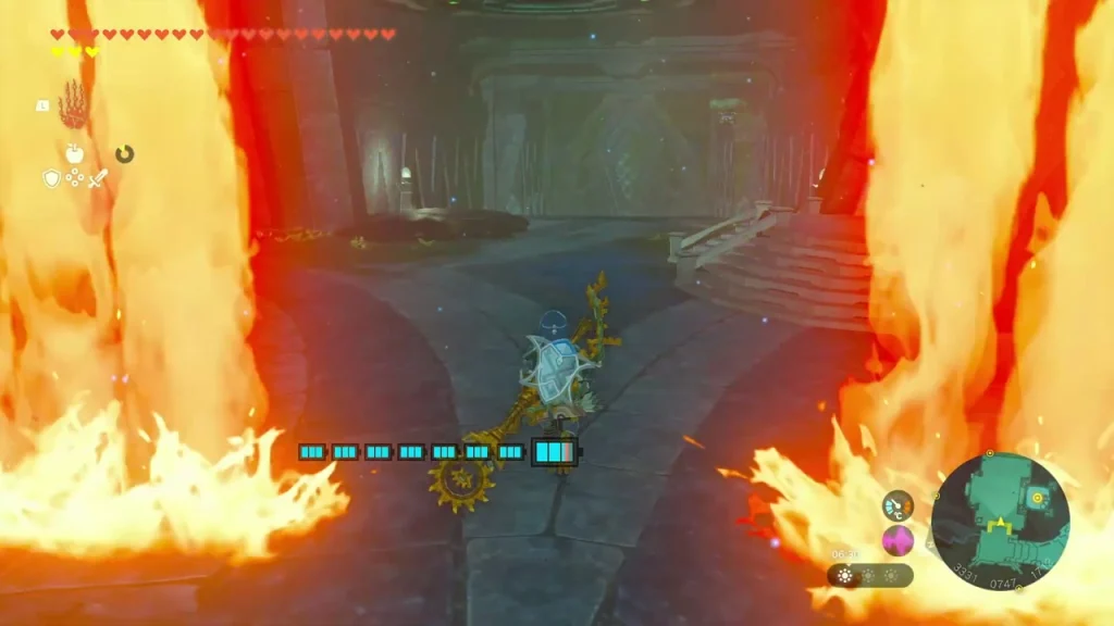 Pillars of flame blocking the lower-level doorway