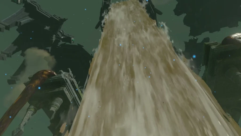Brown sludge-covered waterfall rising toward the Water Temple