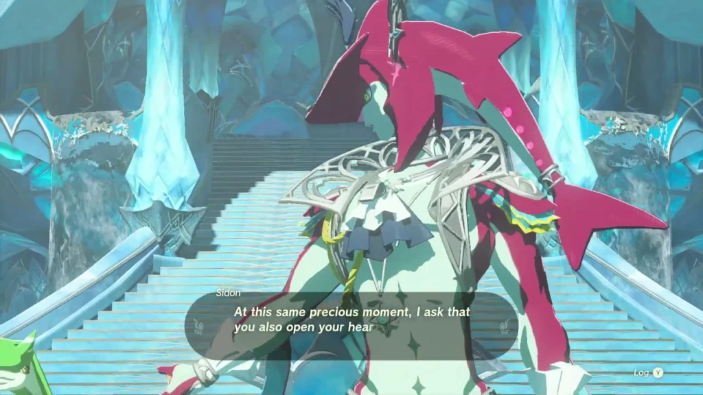 Sidon on the throne room stairs in Zora's Domain