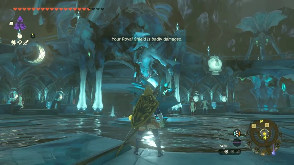Zora's Domain plaza with the sludge-coated statue ahead beside the fountain pool