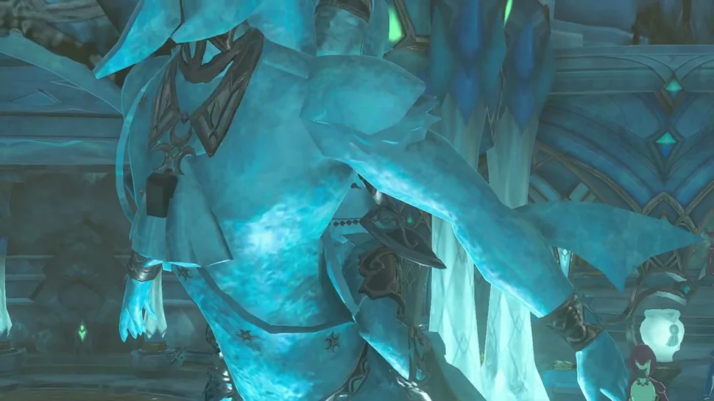 Cleaned statue of Link riding Sidon with water running down its blue stone