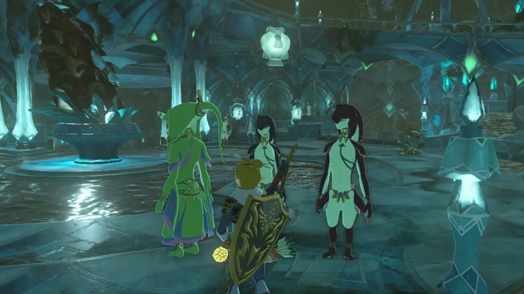 Yona, Khira and Chroma standing in the sludge-stained central plaza of Zora's Domain