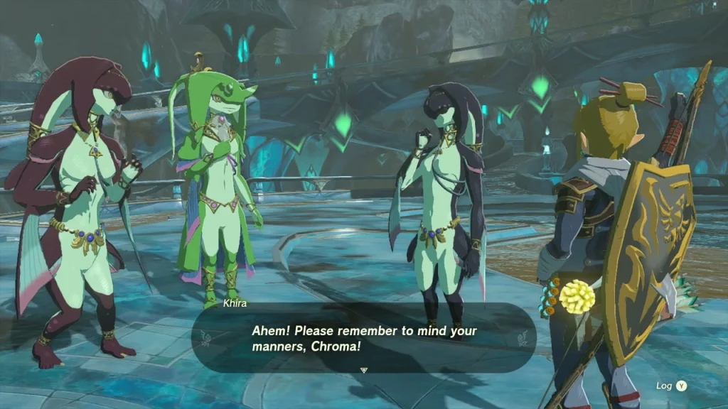 Yona, Khira and Chroma gathered in front of the cleaned statue