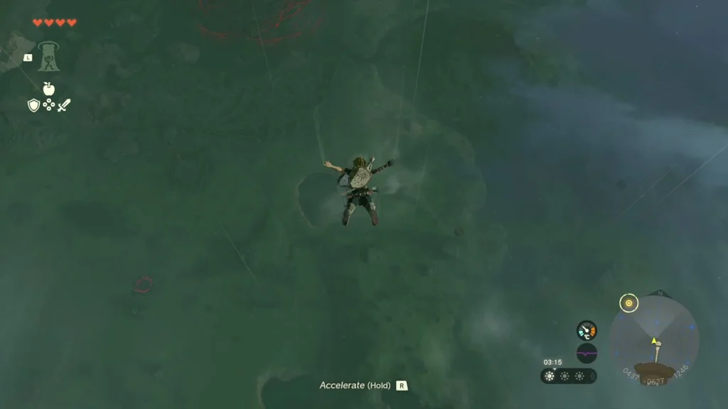 Skydive over Hyrule Field with the Accelerate prompt on screen Skydive over Hyrule Field with the Accelerate prompt on screen